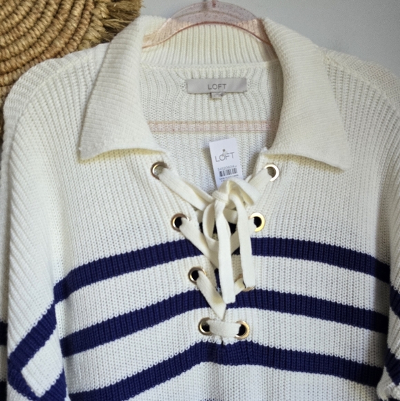 Ann Taylor Loft New Striped Lace Up Polo Sweater Navy White Nautical SZ Large - Picture 3 of 11